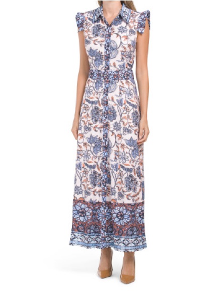 Dalia Macphee Sleeveless Blue And White Floral Border Maxi Dress With Tie Waist